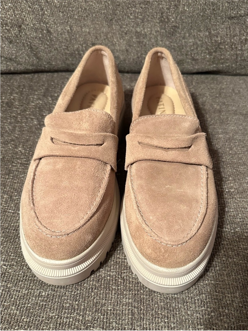 Patina Suede Platform Loafers in Taupe, Brand New, Extremely Comfortable. 8